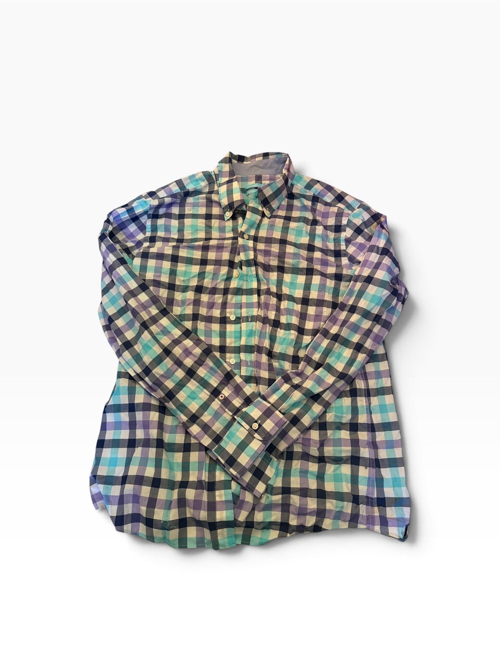 J. McLaughlin Men's Button Down Blues Plaid Long Sleeve Shirt Large 100% Cotton